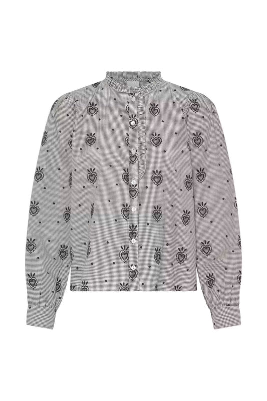 A light gray long-sleeve blouse with a black heart and star pattern, featuring a ruffled stand collar and a button-up front.