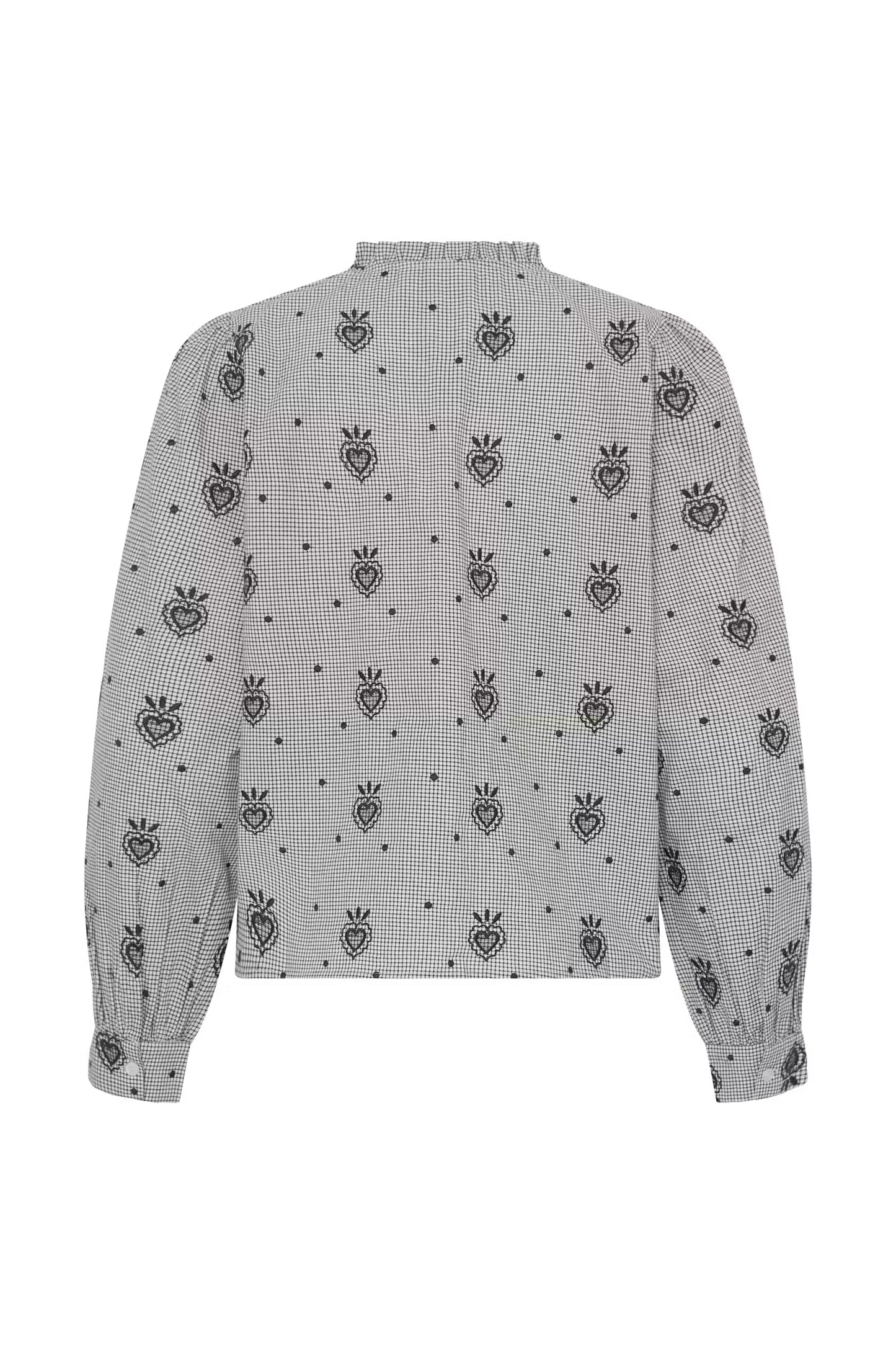 A light gray long-sleeve blouse with a black gingham pattern, featuring a high ruffled collar and an allover print of small hearts and floral motifs, shown against a plain white background.