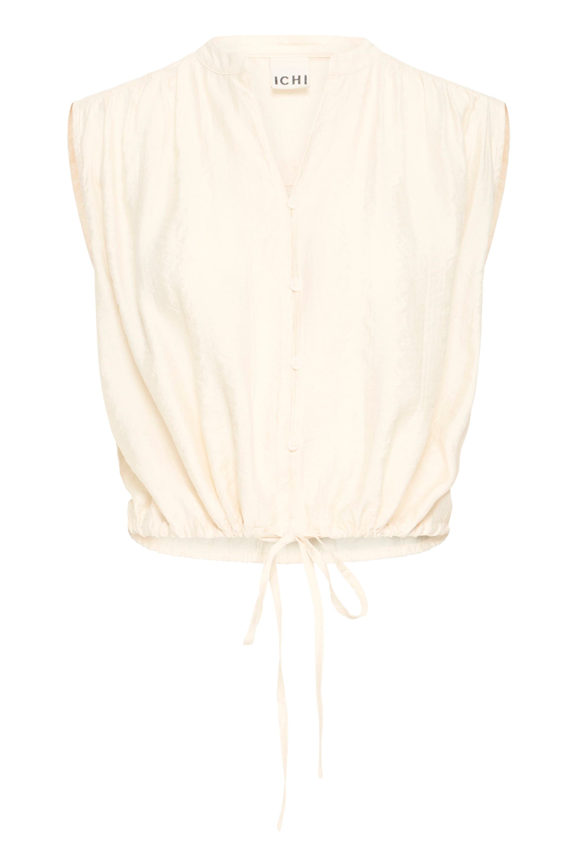 Cream-colored sleeveless top with a tie detail on a white background