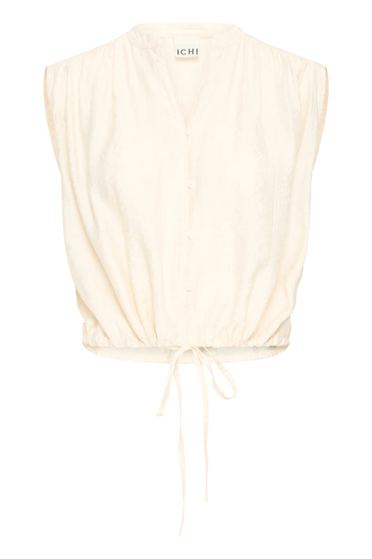 Cream-colored sleeveless top with a tie detail on a white background