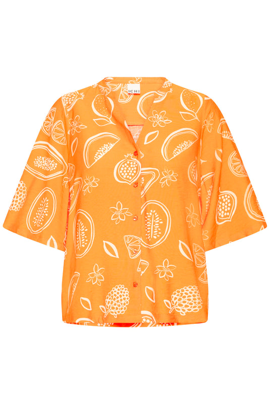 Orange shirt with white fruit pattern on a white background