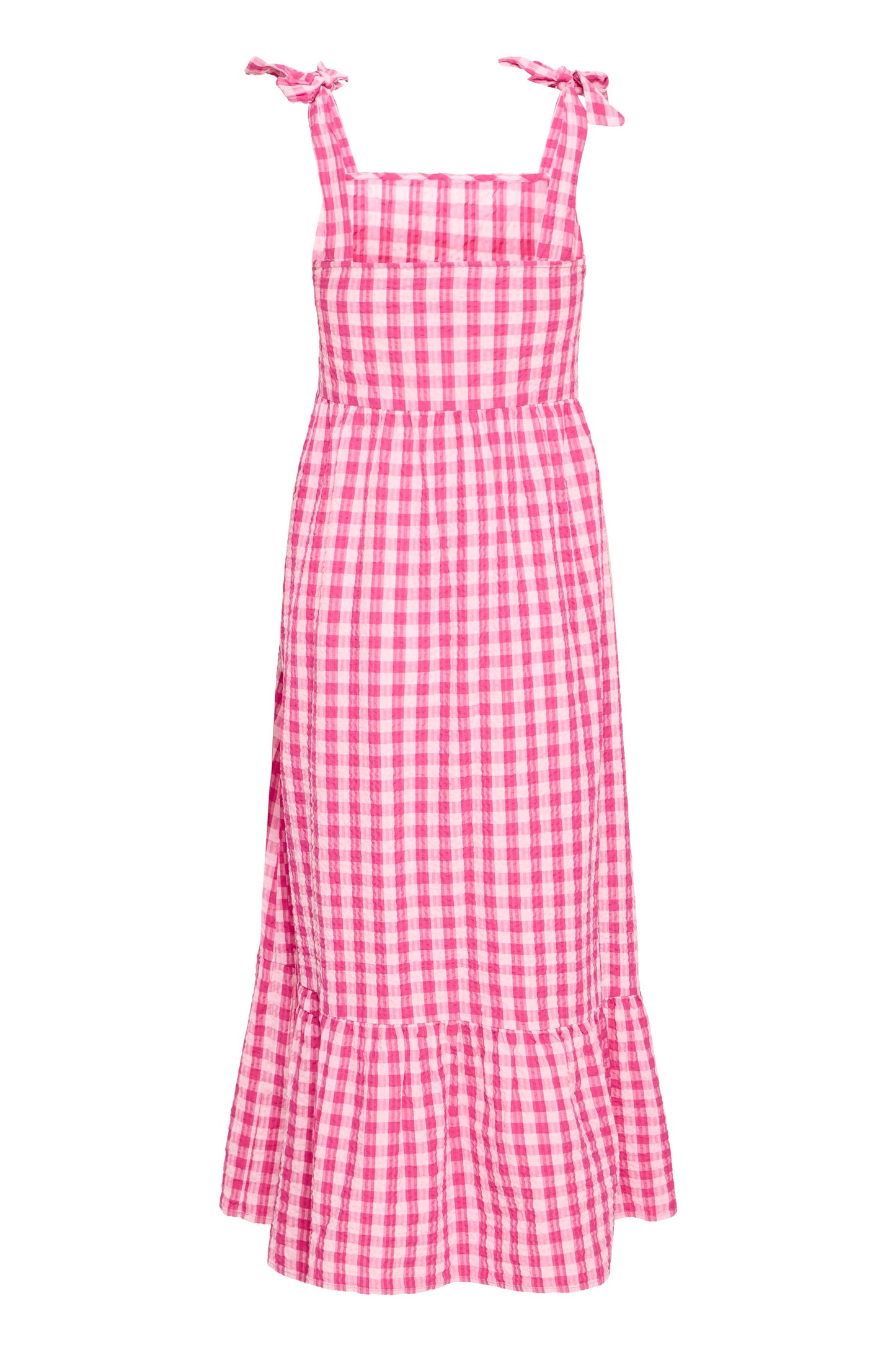 Pink and white checkered dress with ruffled hem on a white background