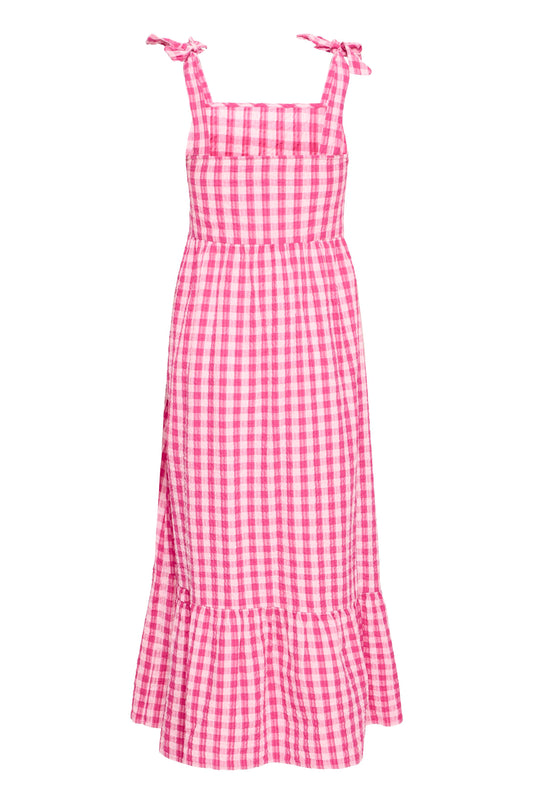 Pink and white checkered dress with ruffled hem on a white background
