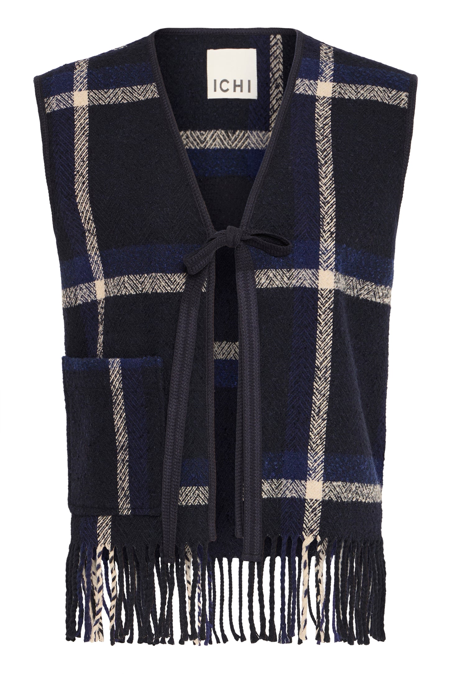 Navy plaid vest with fringes on a white background