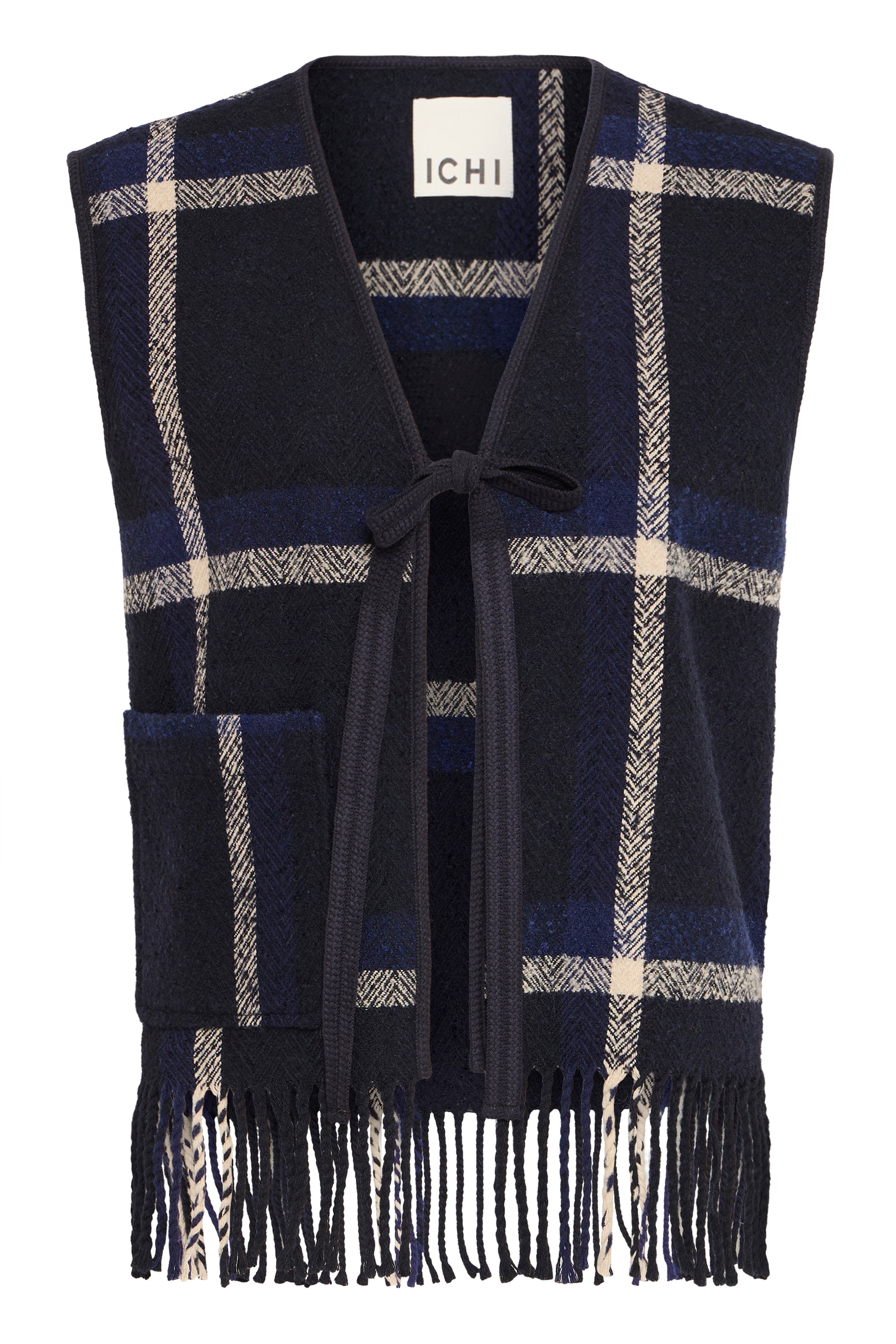 Navy plaid vest with fringes on a white background