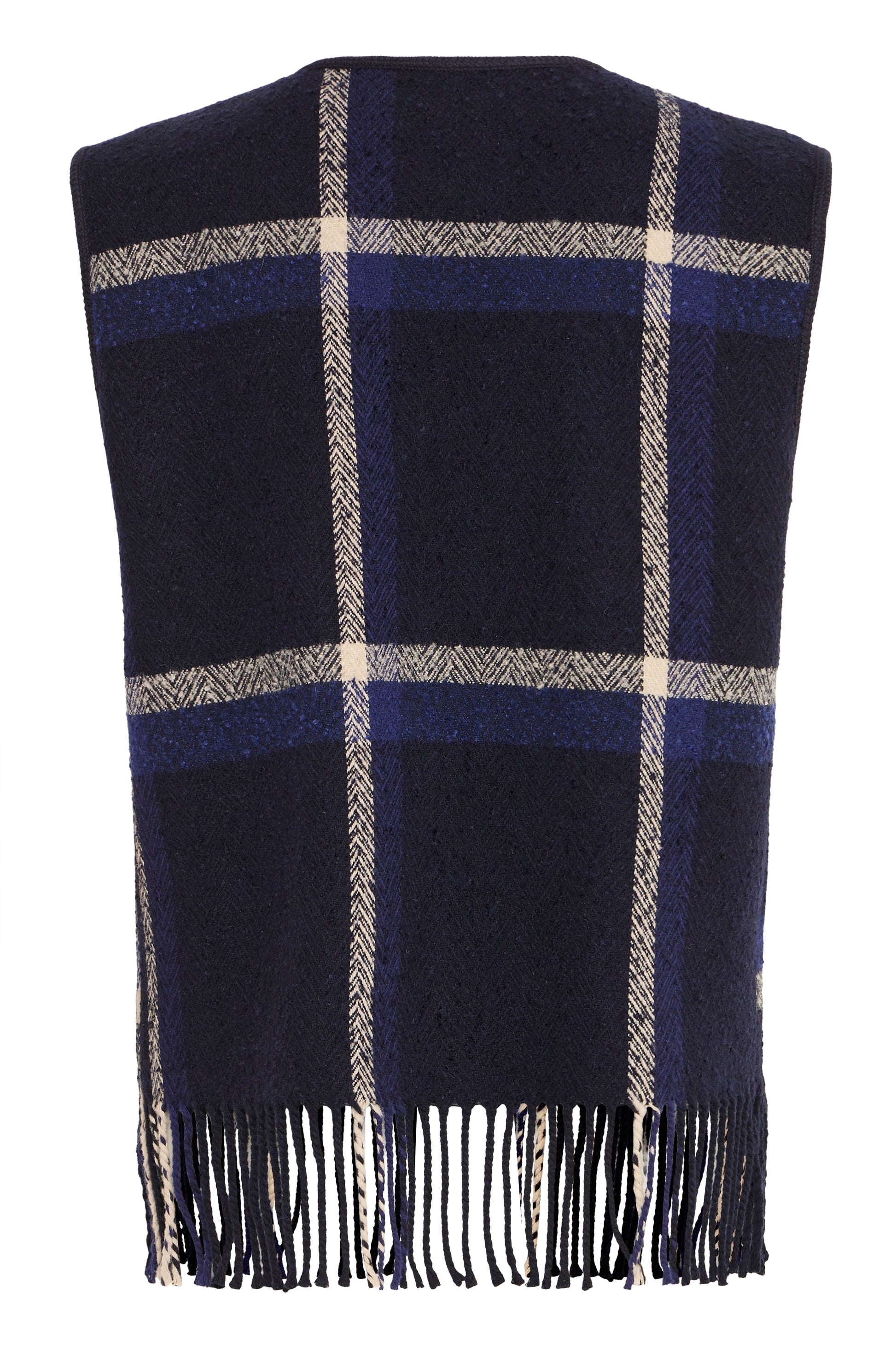 Navy blue plaid scarf with white fringe on a white background