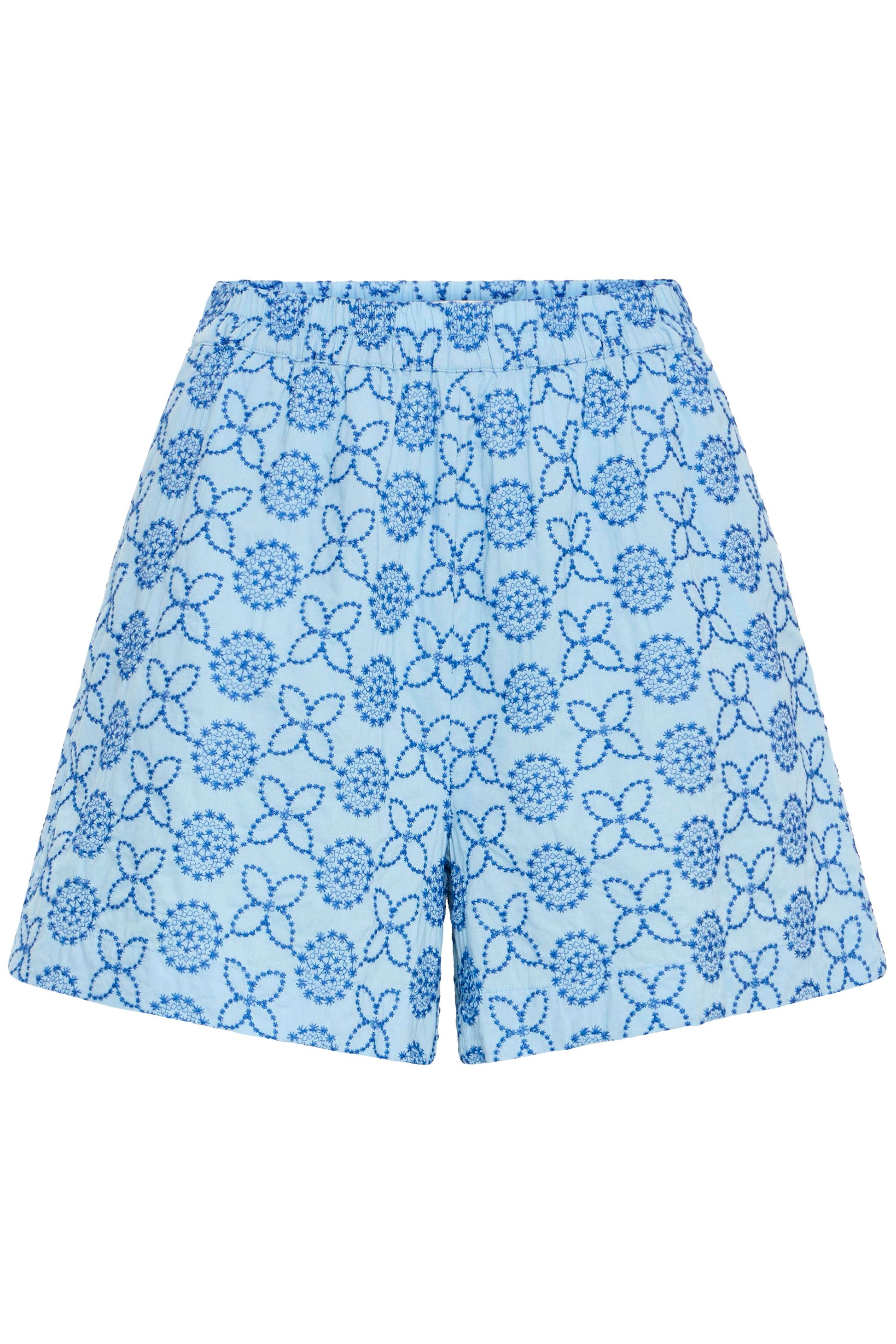 Blue patterned shorts on a white background