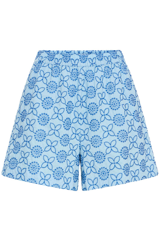 Blue patterned shorts on a white background