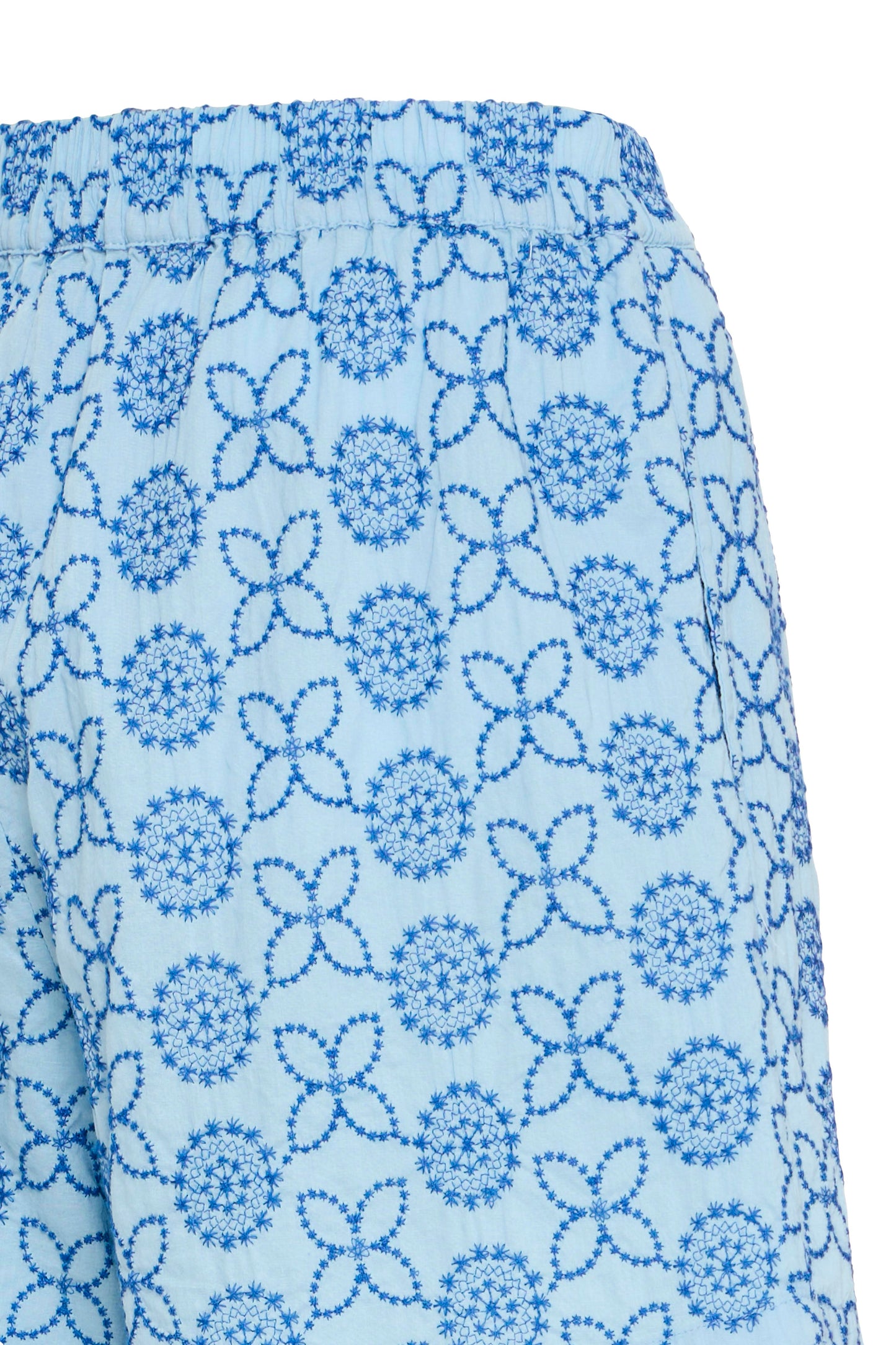 Light blue fabric with a blue floral pattern on a white background