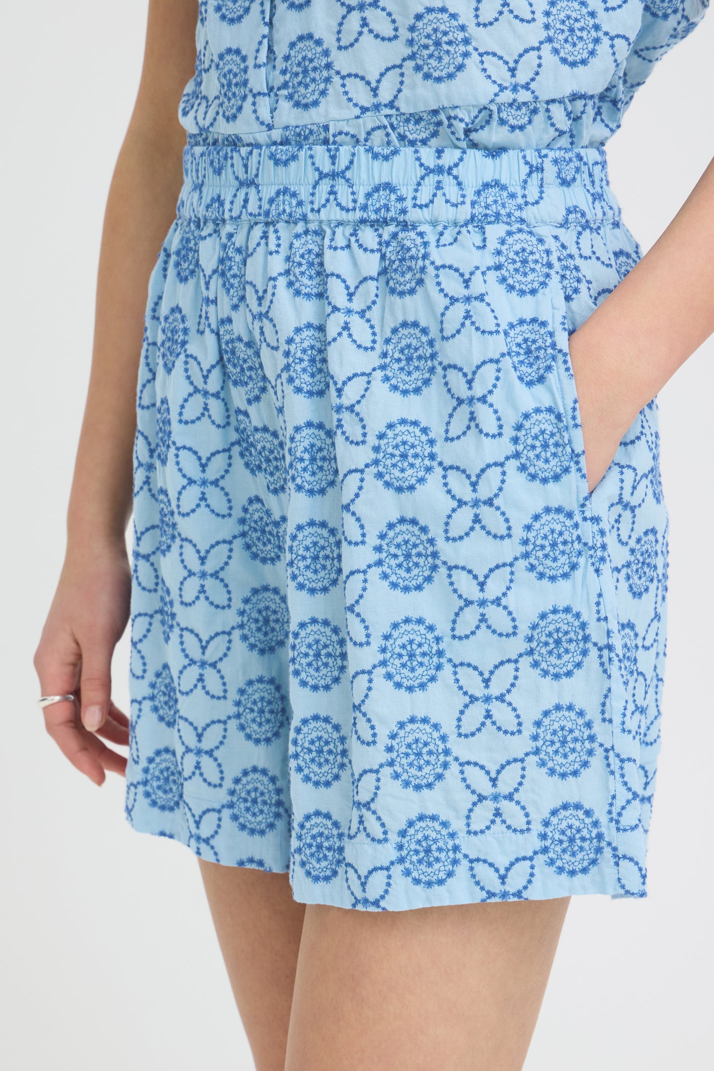 Blue floral patterned dress on a white background