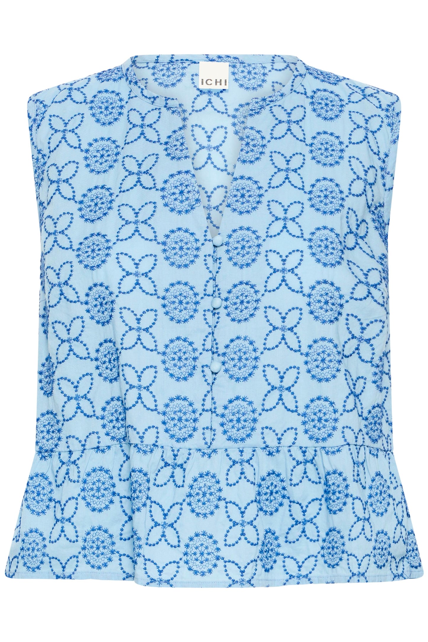 Blue sleeveless top with floral pattern on a white background