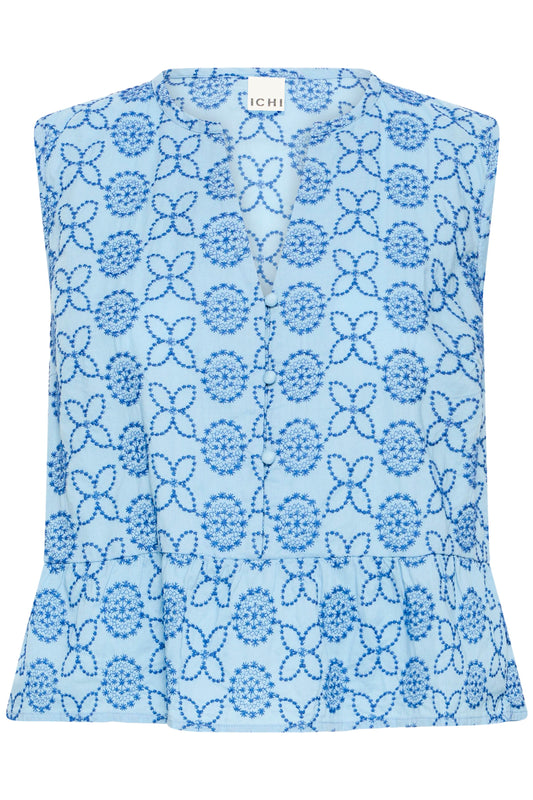 Blue sleeveless top with floral pattern on a white background