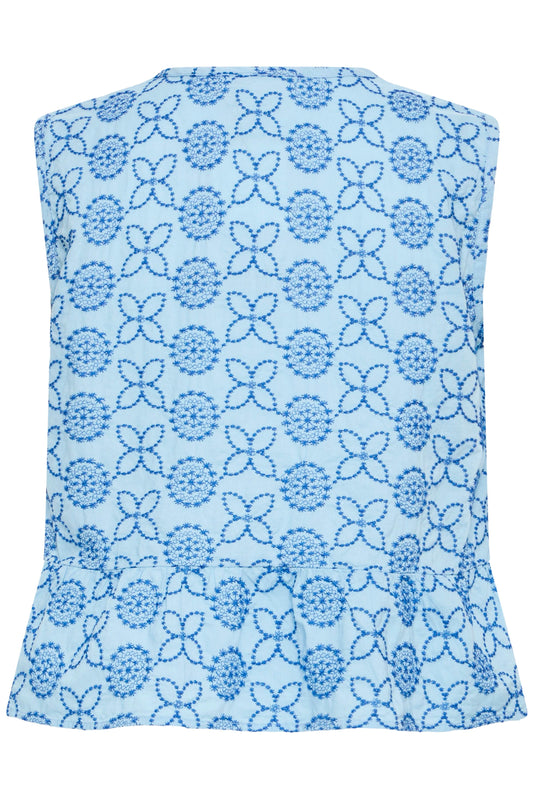 Light blue sleeveless top with a subtle pattern on a white background
