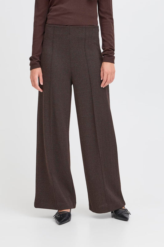 Brown wide-leg pants worn by a person on a white background