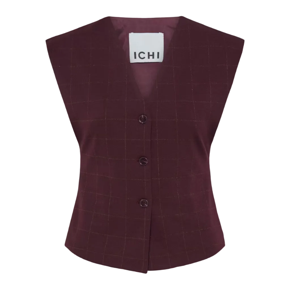 Maroon checkered vest with buttons on a white background, featuring the brand 'ICHI'.