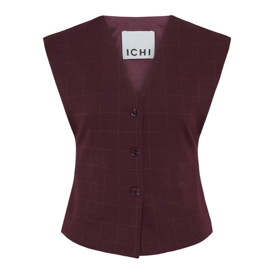 Maroon checkered vest with buttons on a white background, featuring the brand 'ICHI'.