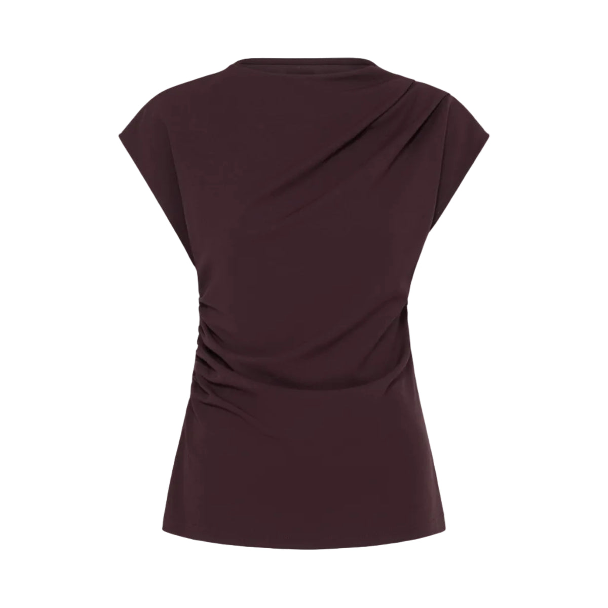 A dark plum-colored short-sleeve top with draped shoulder details and a gathered waist, shown from the back on a plain white background.