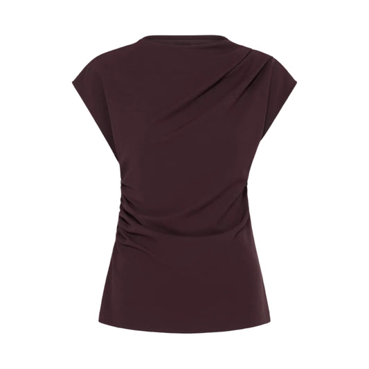 A dark plum-colored short-sleeve top with draped shoulder details and a gathered waist, shown from the back on a plain white background.