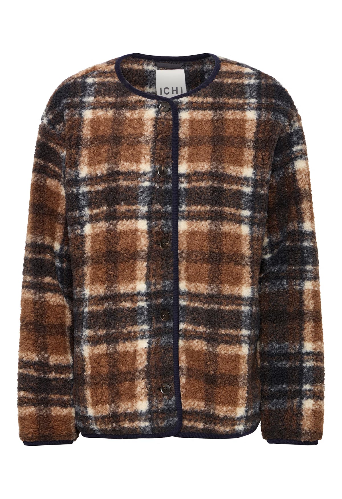 Plaid cardigan with brown, black, and beige pattern on a white background