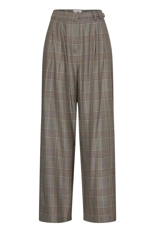 A pair of high-waisted, wide-leg trousers in a brown and beige windowpane plaid pattern, shown against a plain white background.