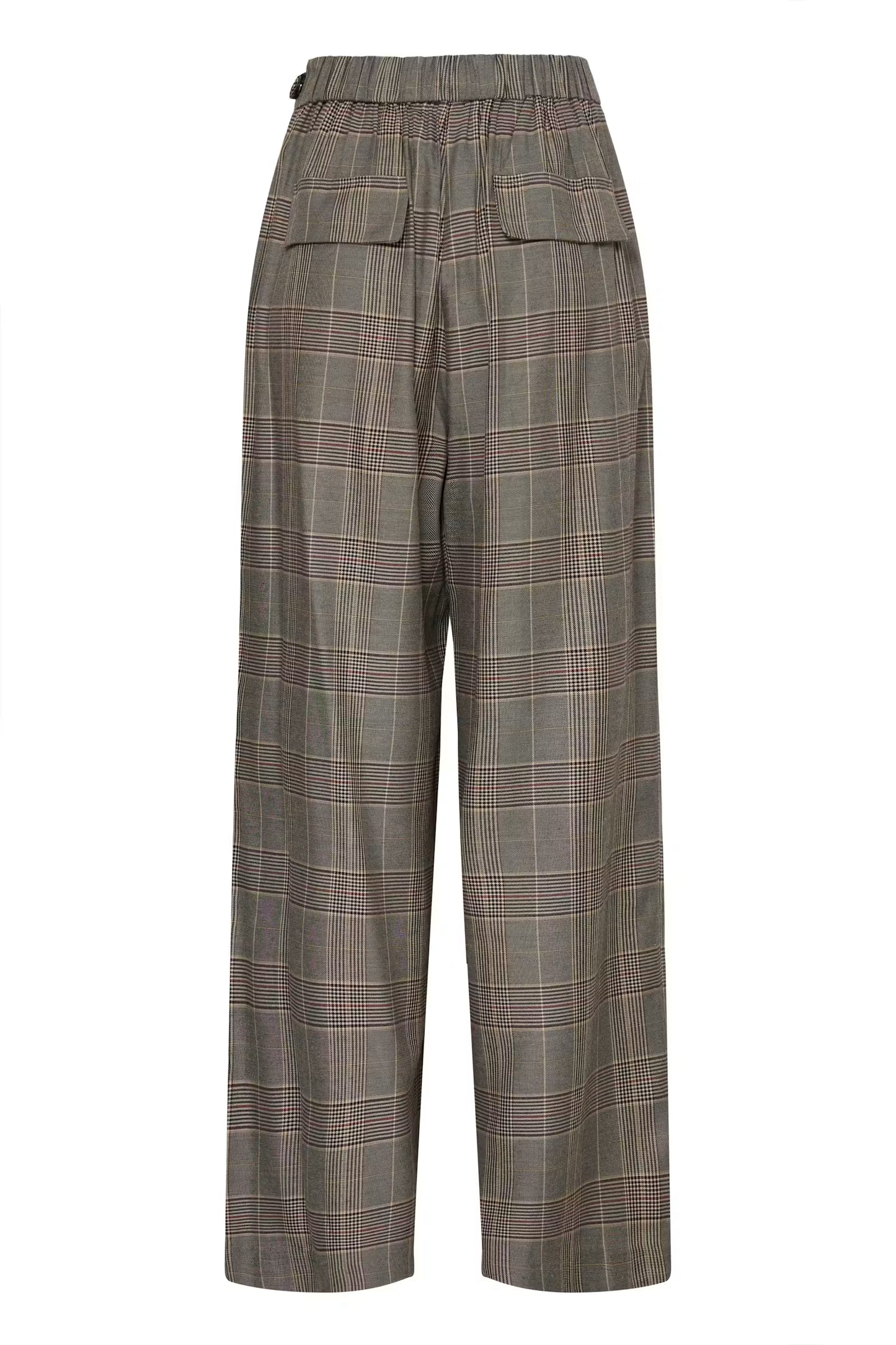 A pair of wide-leg cropped trousers in a muted olive green and brown plaid pattern with thin red and white accent lines, featuring an elastic waistband and two front flap pockets.