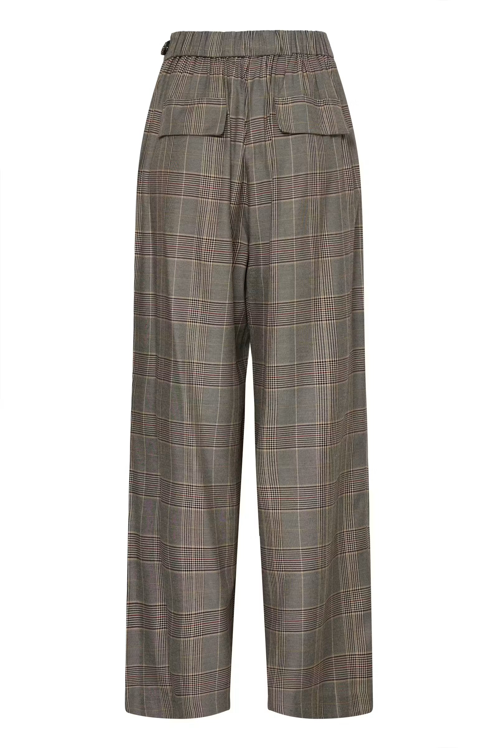 A pair of wide-leg cropped trousers in a muted olive green and brown plaid pattern with thin red and white accent lines, featuring an elastic waistband and two front flap pockets.