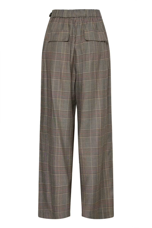 A pair of wide-leg cropped trousers in a muted olive green and brown plaid pattern with thin red and white accent lines, featuring an elastic waistband and two front flap pockets.