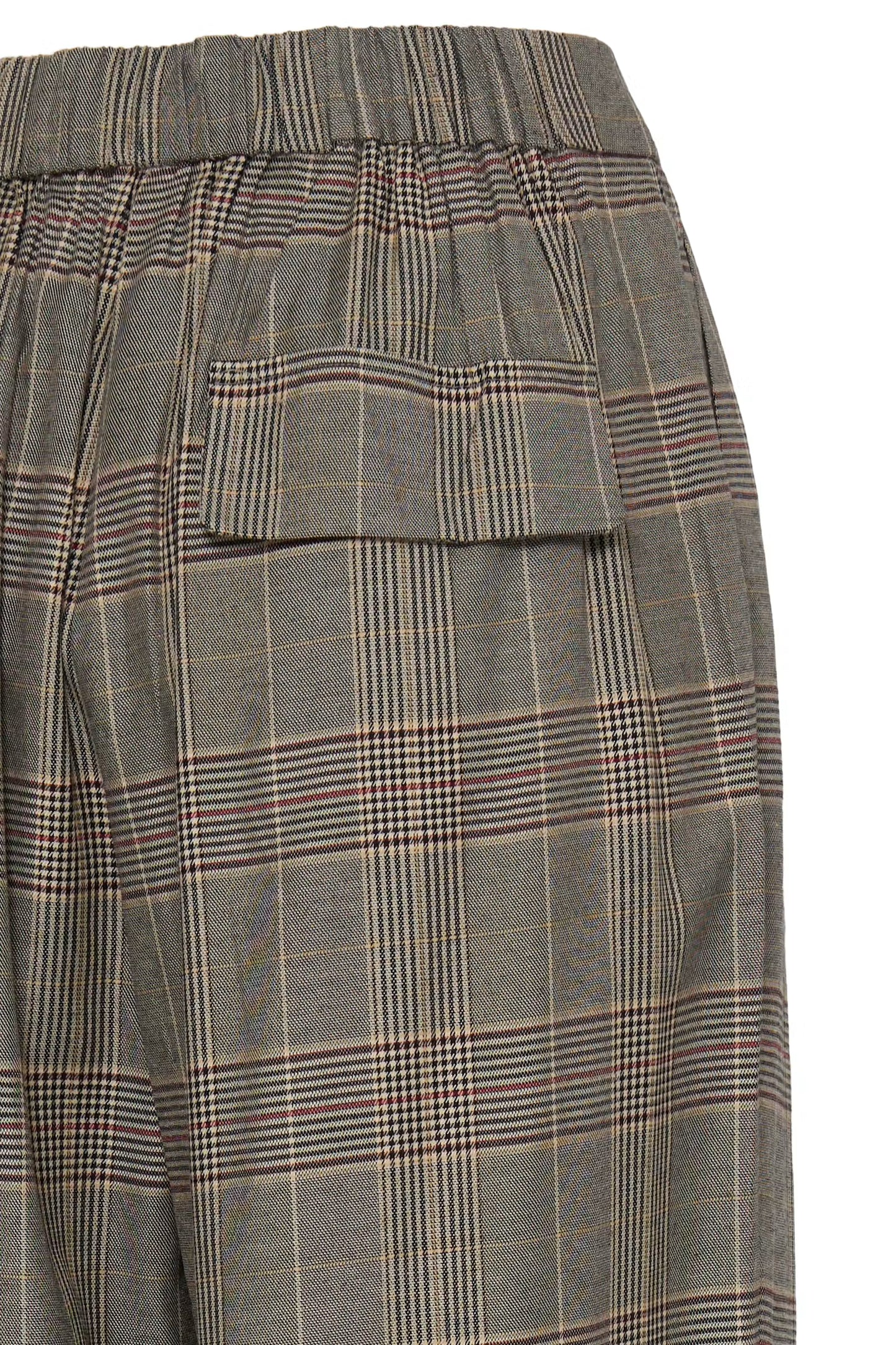 Close-up of a pair of plaid trousers showing the back pocket and elastic waistband. The fabric features a muted gray-green base with thin black, beige, and red windowpane lines.