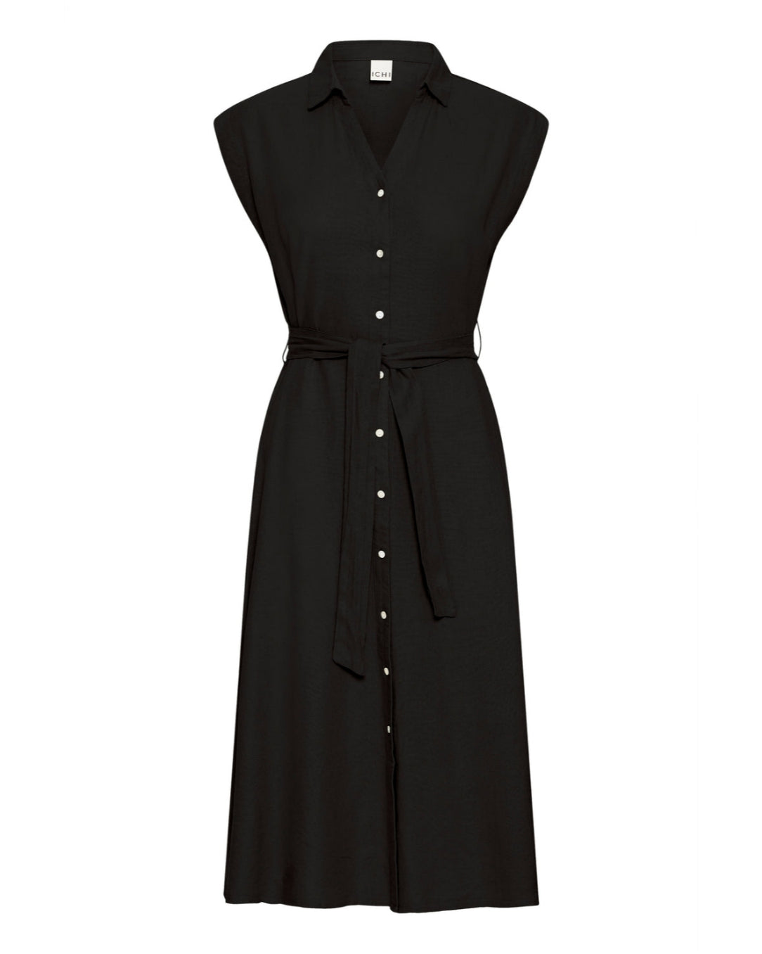 Black sleeveless dress with buttons on a white background