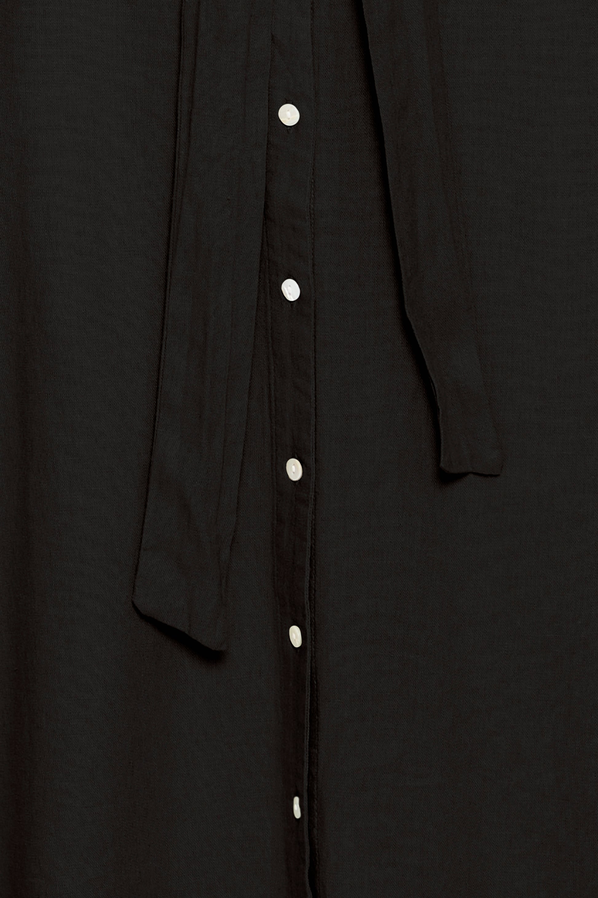 Close-up of a black button-up shirt with a plain background