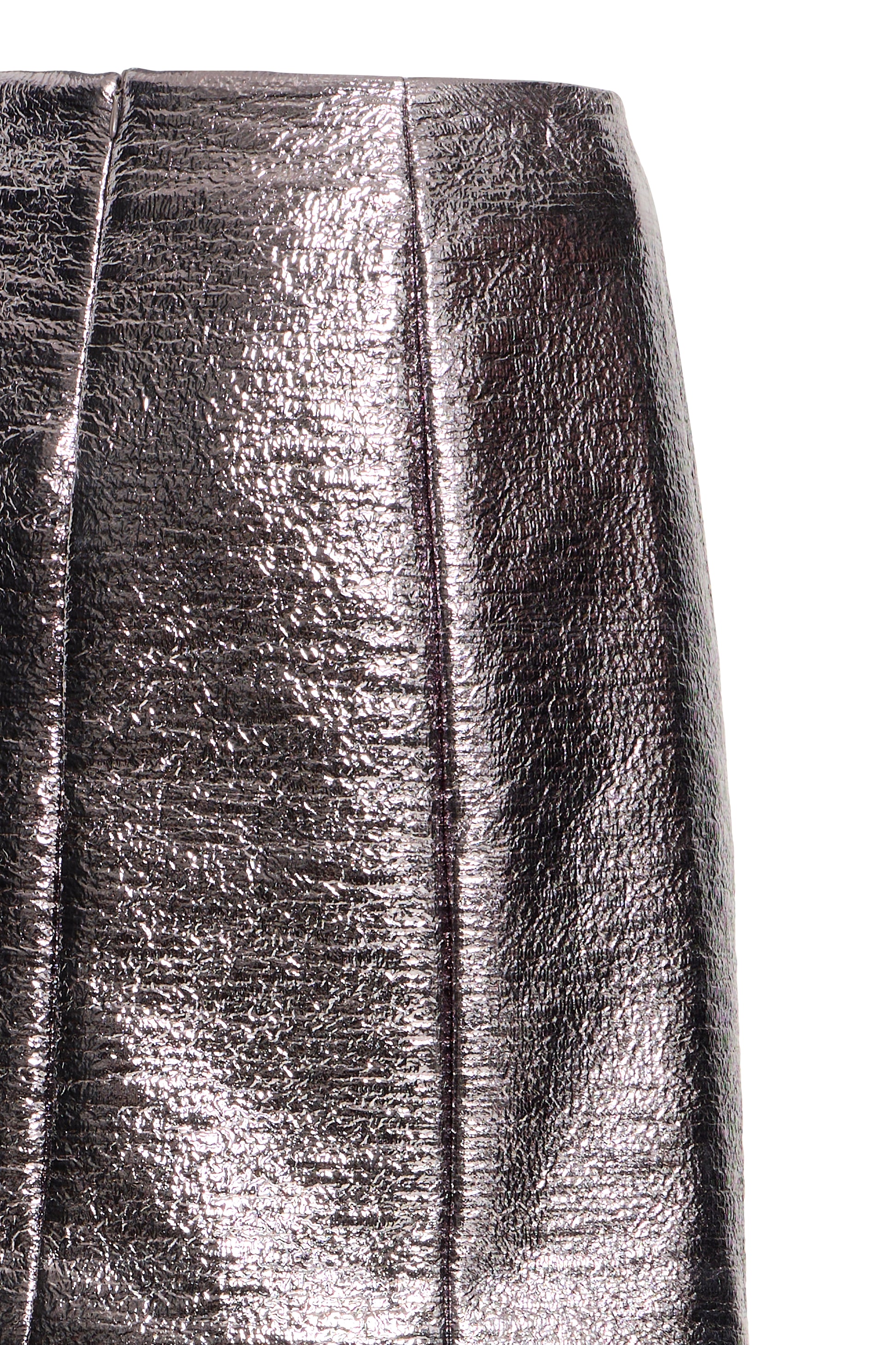 Close-up of a metallic silver skirt with a white background