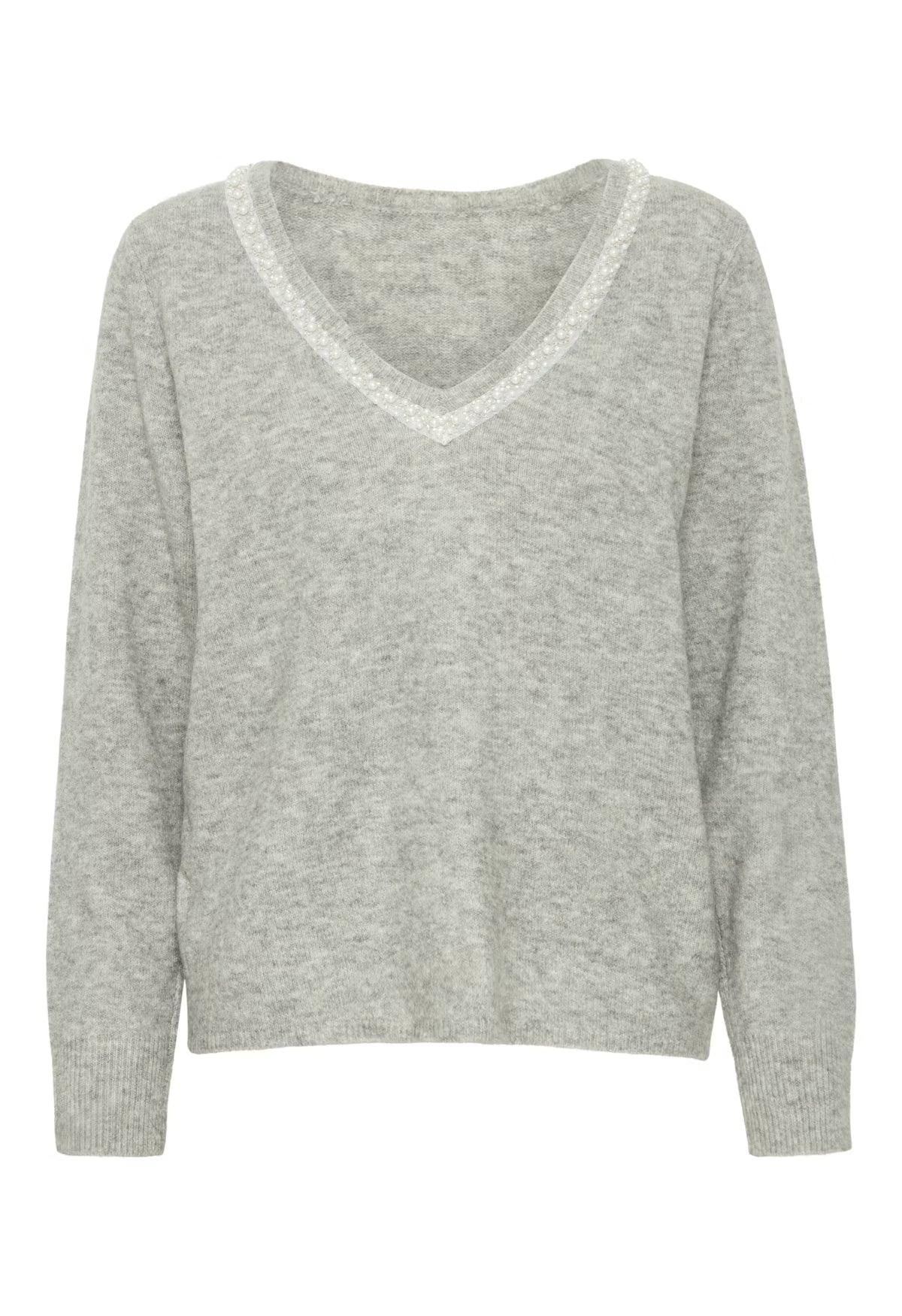 Gray sweater with lace trim on a white background