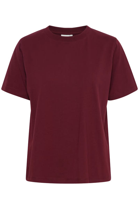 crew neck burgundy red t'shirt on a white background