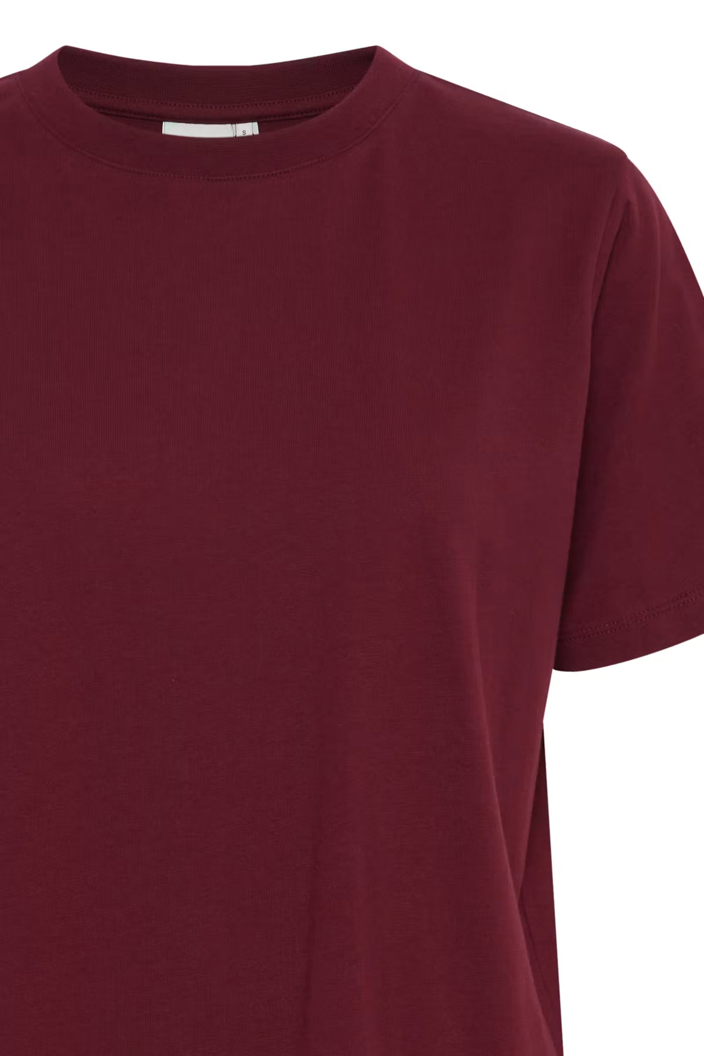 A close-up of a short-sleeve crewneck t-shirt in a deep burgundy color, shown against a plain white background.
