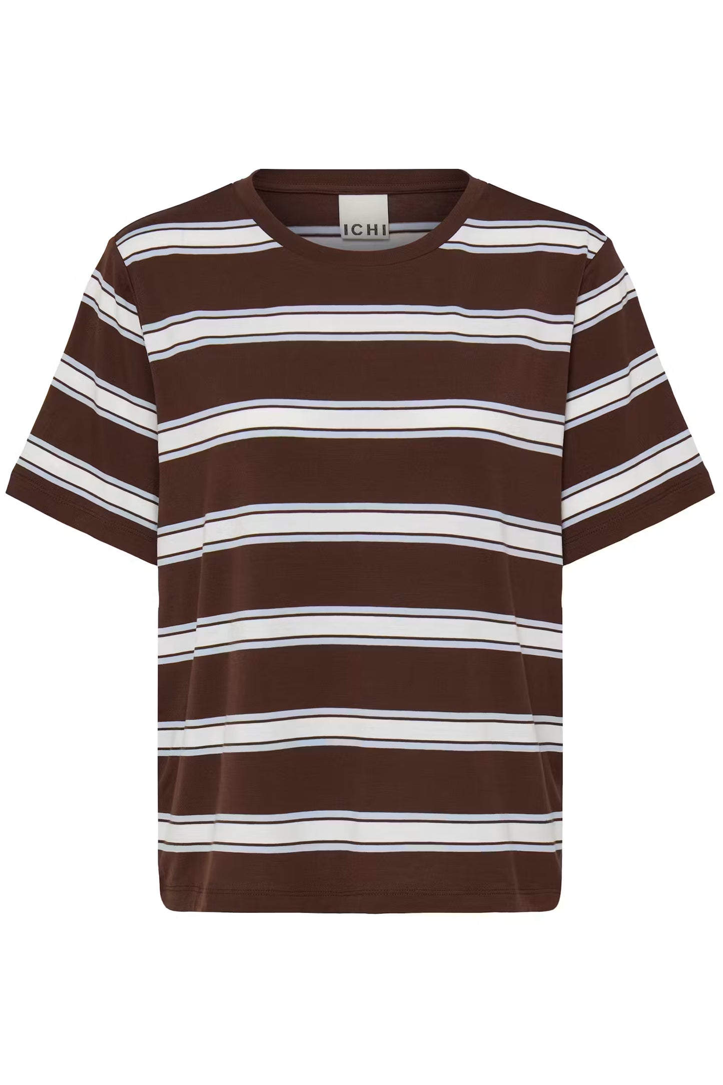 A brown short-sleeve crewneck t-shirt with horizontal white and gray stripes, featuring the brand name 'ICHI' on the inner neck label, shown against a plain white background.