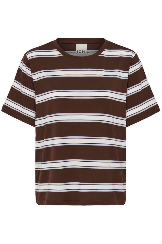 A brown short-sleeve crewneck t-shirt with horizontal white and gray stripes, featuring the brand name 'ICHI' on the inner neck label, shown against a plain white background.
