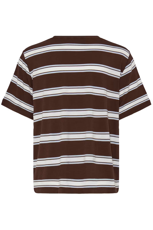A brown short-sleeve t-shirt with horizontal white and thin black stripes, shown from the back on a plain white background.