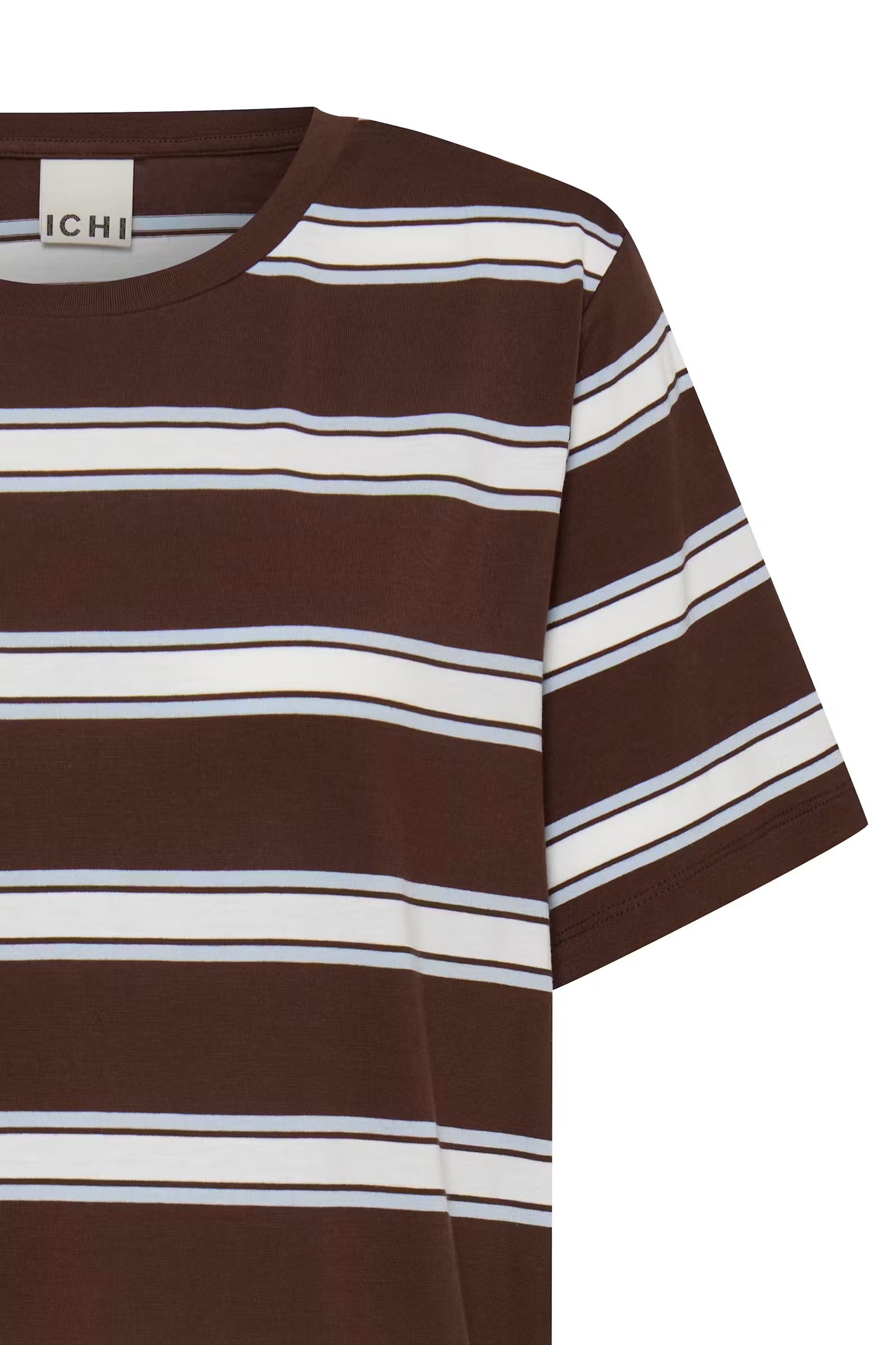 A close-up of a brown short-sleeve t-shirt with horizontal white and light blue stripes, featuring a visible ICHI brand label on the inner neck.
