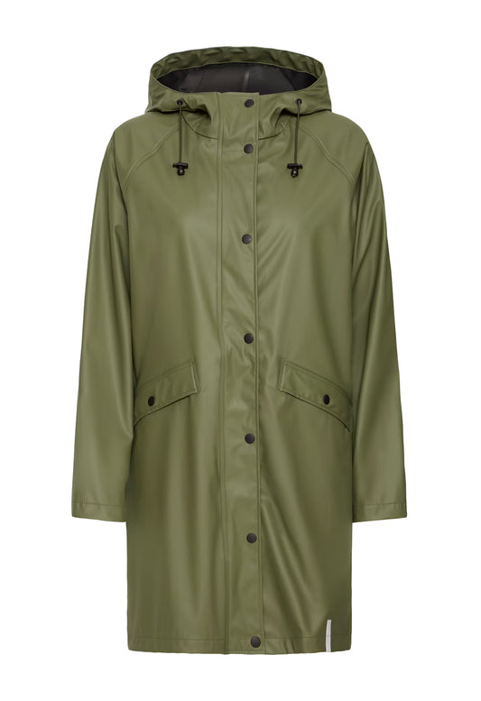 Green raincoat with black buttons on a white background
