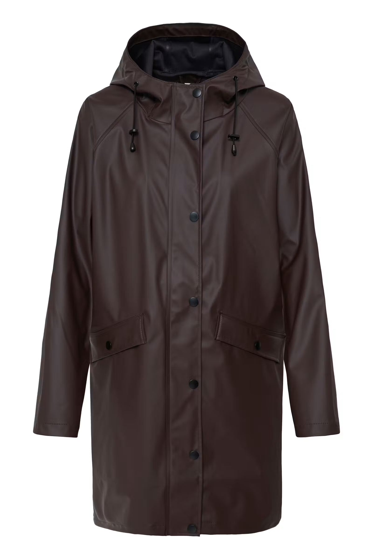 A dark brown hooded raincoat with a glossy finish, featuring a snap-button front, drawstring hood, and two front flap pockets, shown against a plain white background.