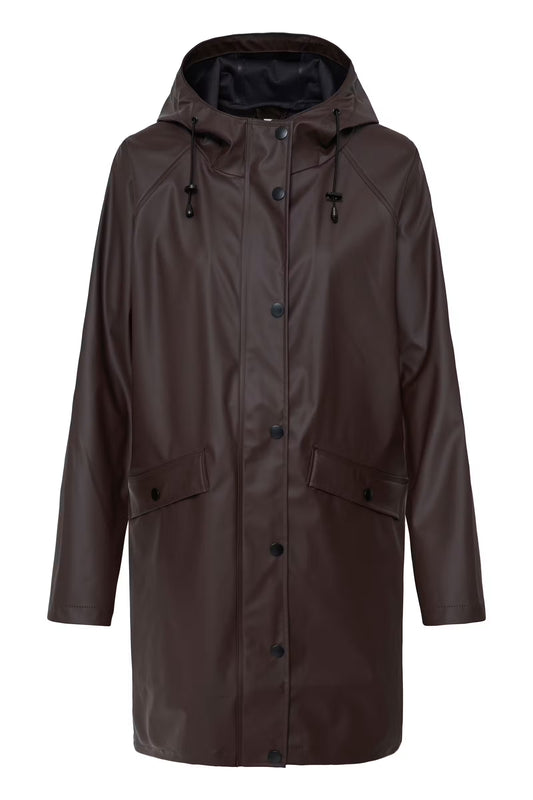 A dark brown hooded raincoat with a glossy finish, featuring a snap-button front, drawstring hood, and two front flap pockets, shown against a plain white background.