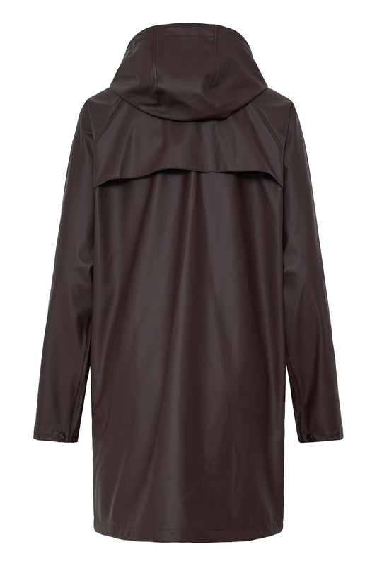 A dark brown hooded raincoat shown from the back, featuring a smooth, slightly glossy finish and a wide shoulder seam, set against a plain white background.