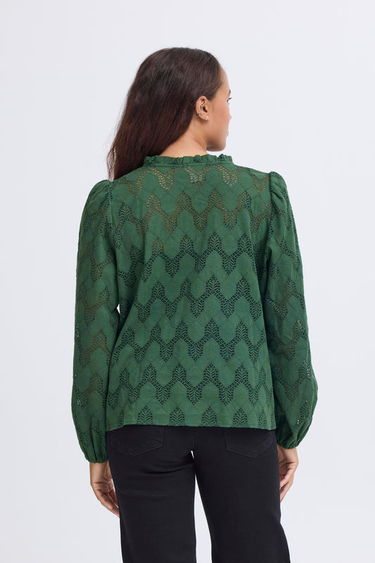 Person wearing a green patterned blouse on a white background