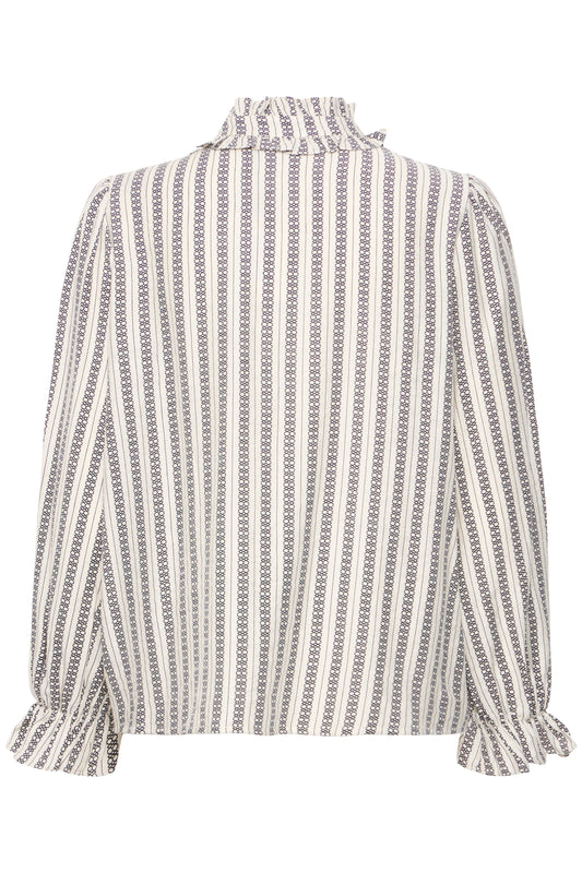 Striped blouse with ruffled sleeves on a white background