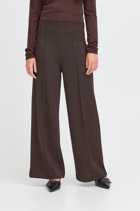 Brown wide-leg pants worn by a person on a white background
