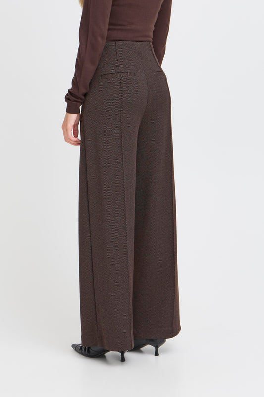 Brown wide-leg pants worn by a person on a white background