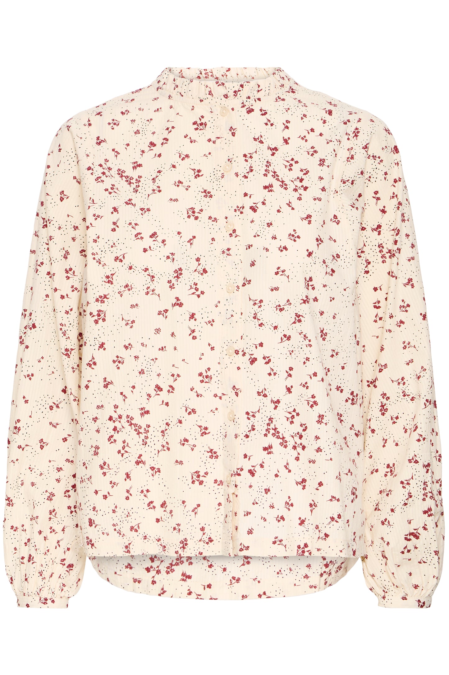 Floral blouse with red floral pattern on a white background