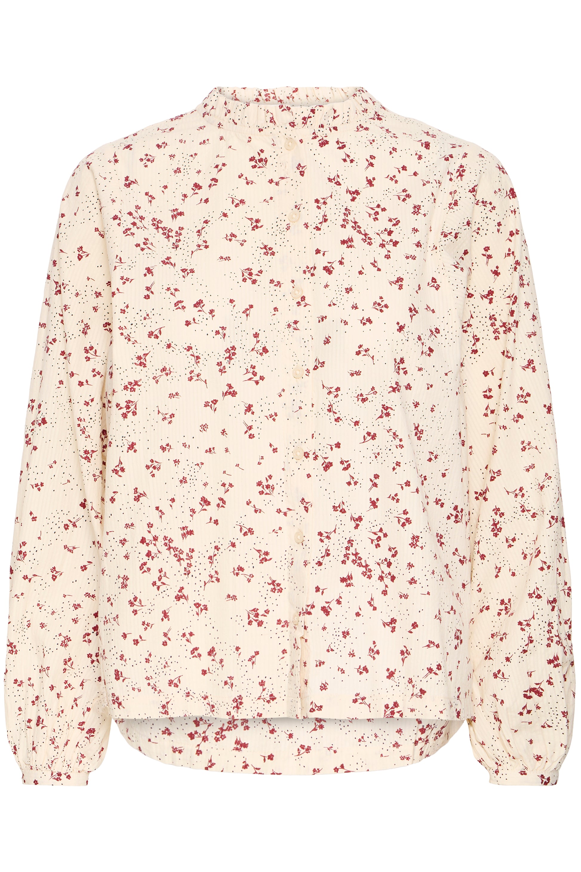Floral blouse with red floral pattern on a white background