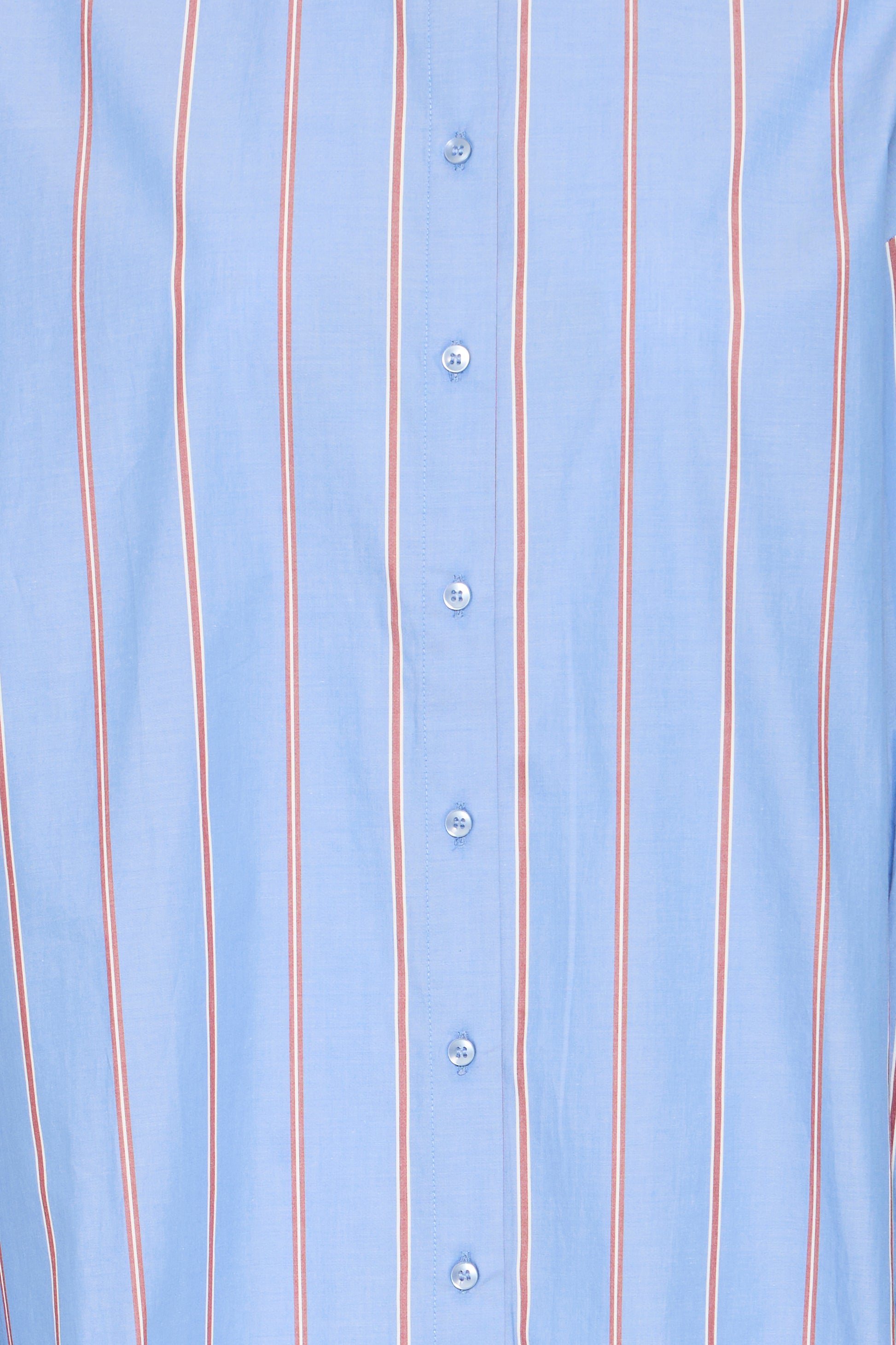 Close-up of a light blue shirt with vertical stripes and buttons.