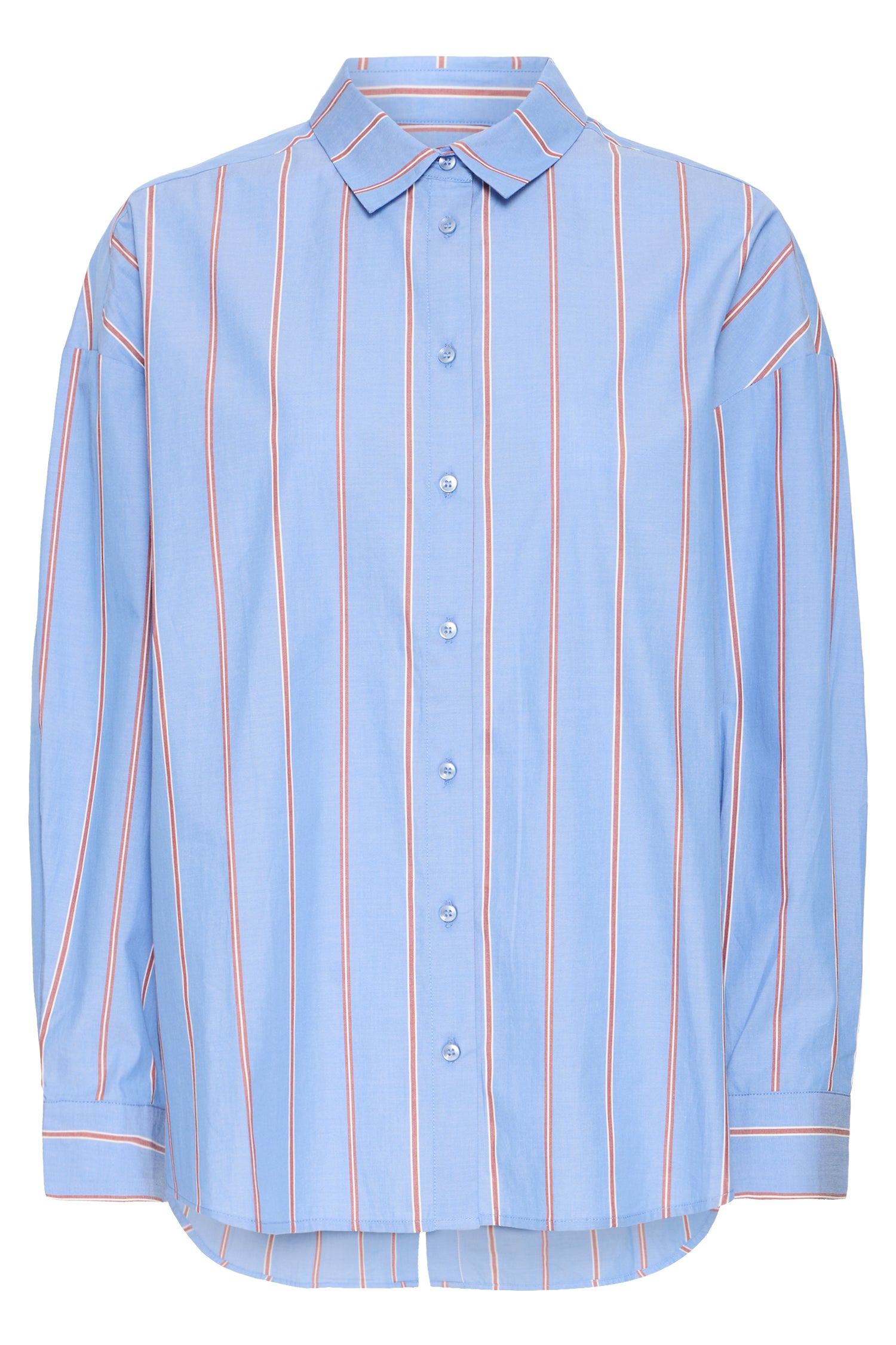 Light blue shirt with orange vertical stripes on a white background